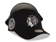 Load image into Gallery viewer, Chicago Blackhawks Mitchell &amp; Ness NHL Adjustable Panda Pro Cap Hat Black Crown/Visor Black/White Logo 75th Anniversary Side Patch
