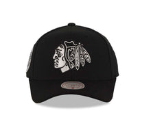 Load image into Gallery viewer, Chicago Blackhawks Mitchell &amp; Ness NHL Adjustable Panda Pro Cap Hat Black Crown/Visor Black/White Logo 75th Anniversary Side Patch
