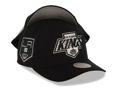 Los Angeles Kings Mitchell & Ness NHL Adjustable Panda Pro Cap Hat Black Crown/Visor Black/White Logo 50th Anniversary Side Patch