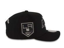Load image into Gallery viewer, Los Angeles Kings Mitchell &amp; Ness NHL Adjustable Panda Pro Cap Hat Black Crown/Visor Black/White Logo 50th Anniversary Side Patch
