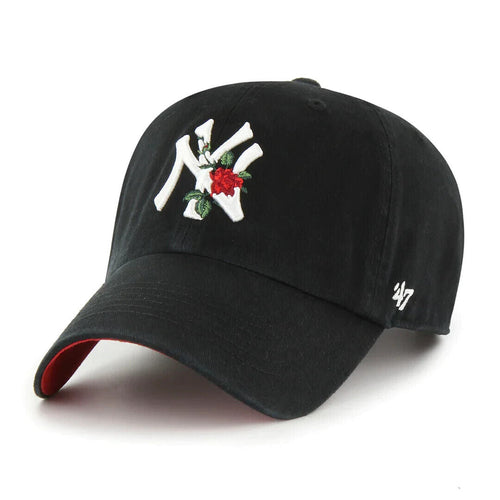 New York Yankees '47 Brand MLB Clean Up Adjustable Cap Hat Black Crown/Visor White with Rose Logo Red UV