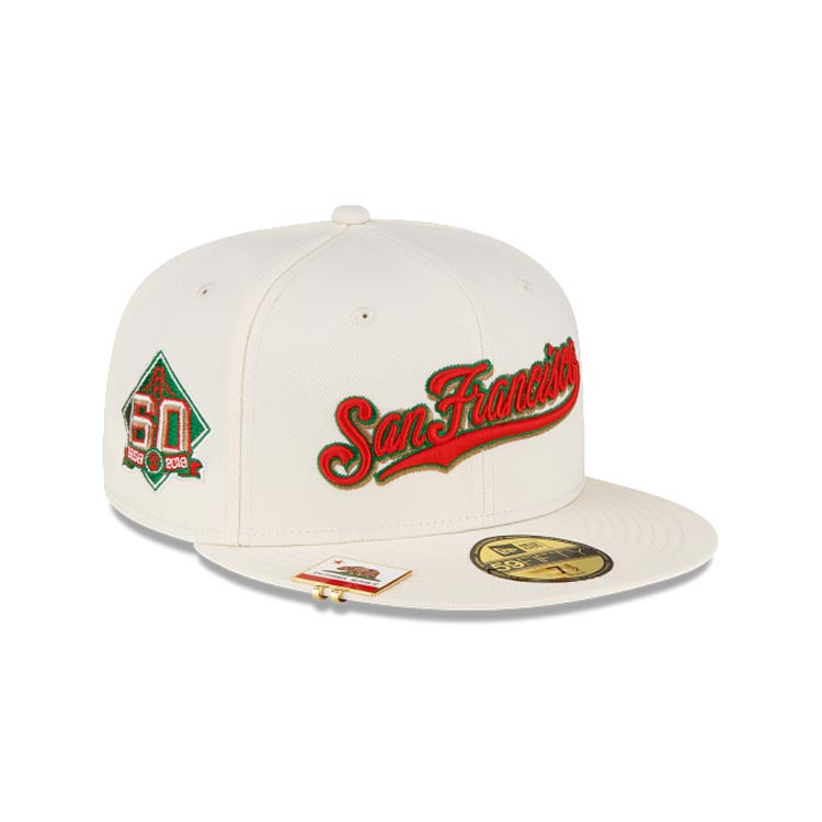 San Francisco Giants New Era MLB 59FIFTY 5950 Fitted Cap Hat White Crown/Visor Re/Green Script Logo 60th Anniversary Side Patch (City Flag)