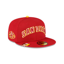 Load image into Gallery viewer, San Diego Padres New Era MLB 59FIFTY 5950 Fitted Cap Hat Red Crown/Visor Red/Yellow Script Logo 50th Anniversary Side Patch (City Flag)
