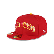 Load image into Gallery viewer, San Diego Padres New Era MLB 59FIFTY 5950 Fitted Cap Hat Red Crown/Visor Red/Yellow Script Logo 50th Anniversary Side Patch (City Flag)
