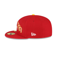 Load image into Gallery viewer, San Diego Padres New Era MLB 59FIFTY 5950 Fitted Cap Hat Red Crown/Visor Red/Yellow Script Logo 50th Anniversary Side Patch (City Flag)
