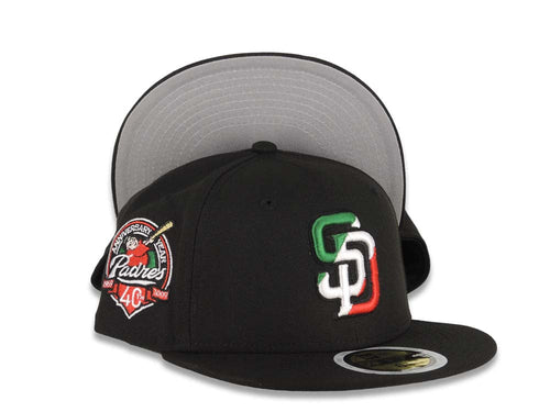 (Youth) San Diego Padres New Era MLB 59FIFTY 5950 Kid Fitted Cap Hat Black Crown/Visor Green/White/Red Logo 40th Anniversary Side Patch Gray UV