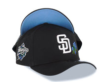 Load image into Gallery viewer, San Diego Padres New Era MLB 9FORTY 940 Adjustable A-Frame Cap Hat Black Crown/Visor White Logo With Rose 1998 World Series Side Patch Sky Blue UV
