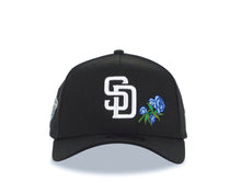 Load image into Gallery viewer, San Diego Padres New Era MLB 9FORTY 940 Adjustable A-Frame Cap Hat Black Crown/Visor White Logo With Rose 1998 World Series Side Patch Sky Blue UV
