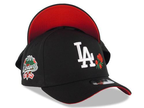 Los Angeles Dodgers New Era MLB 9FORTY 940 Adjustable A-Frame Snapback Cap Hat Black Crown/Visor White Logo With Rose 100th Anniversary Patch Red UV