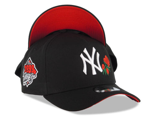 New York Yankees New Era MLB 9FORTY 940 Adjustable A-Frame Snapback Cap Hat Black Crown/Visor White Logo with Rose 1999 World Series Side Patch Red UV
