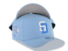 Load image into Gallery viewer, San Diego Padres New Era MLB 9FORTY 940 Adjustable A-Frame Cap Hat Sky Blue Crown/Visor White/Royal Blue Logo 25th Anniversary Side Patch Gray UV
