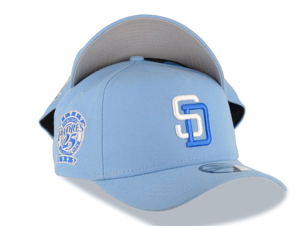 San Diego Padres New Era MLB 9FORTY 940 Adjustable A-Frame Cap Hat Sky Blue Crown/Visor White/Royal Blue Logo 25th Anniversary Side Patch Gray UV