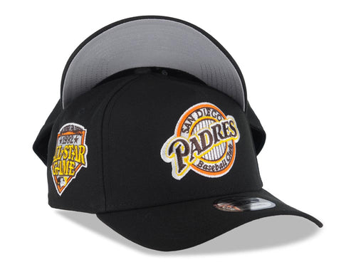 San Diego Padres New Era MLB 9FORTY 940 Adjustable A-Frame Snapback Cap Hat Black Crown/Visor Team Color Baseball Club Logo 1992 All-Star Game Patch