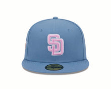 Load image into Gallery viewer, San Diego Padres New Era MLB 59FIFTY 5950 Fitted Cap Hat Dark Sky Blue Crown/Visor Pink/White Logo 1998 World Series Side Patch (Color Pack)
