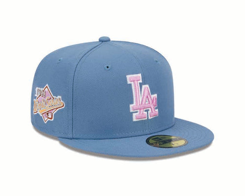 Los Angeles Dodgers New Era MLB 59FIFTY 5950 Fitted Cap Hat Dark Sky Blue Crown/Visor Pink/White Logo 1988 World Series Side Patch (Color Pack)
