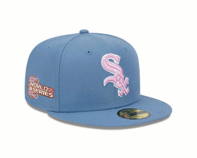 Chicago White Sox New Era MLB 59FIFTY 5950 Fitted Cap Hat Dark Sky Blue Crown/Visor Pink/White Logo 2005 World Series Side Patch (Color Pack)