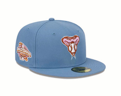 Arizona Diamondbacks New Era MLB 59FIFTY 5950 Fitted Cap Hat Dark Sky Blue Crown/Visor Pink Logo 2001 World Series Side Patch (Color Pack)