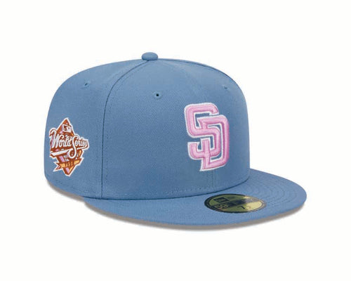 (Youth) San Diego Padres New Era MLB 59FIFTY 5950 Kid Fitted Cap Hat Sky Blue Crown/Visor Pink/White Logo 1998 World Series Side Patch (Color Pack)