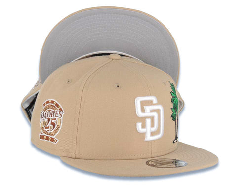 San Diego Padres New Era MLB 9FIFTY 950 Snapback Cap Hat Khaki Crown/Visor White Logo With Palm Tree 25th Anniversary Side Patch Gray UV
