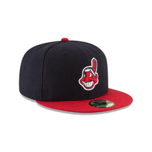 Load image into Gallery viewer, Cleveland Indians New Era MLB 59Fifty 5950 Fitted Cap Hat Navy Crown Red Visor Team Color Chief Wahoo Logo
