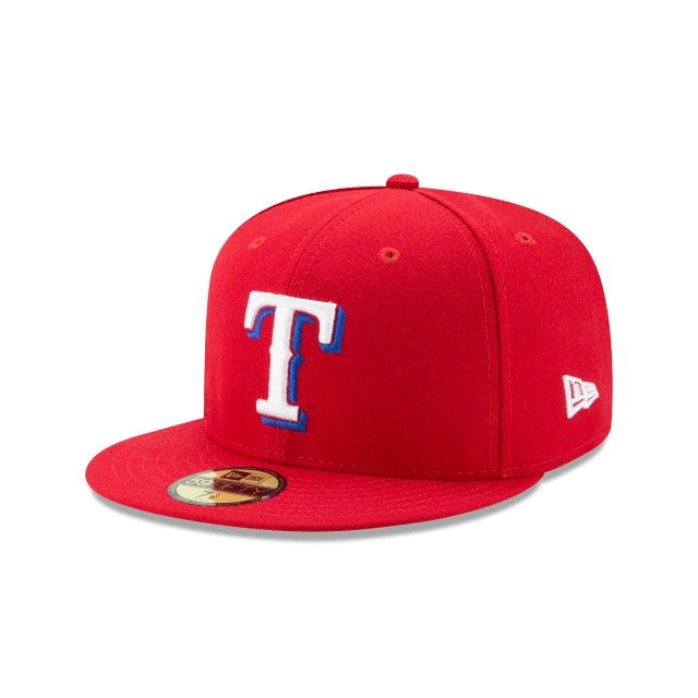 Texas Rangers New Era 59FIFTY 5950 Fitted Cap Hat Red Crown/Visor White/Royal Blue Logo 