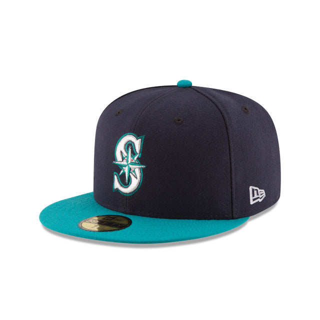 Seattle Mariners New Era MLB 59FIFTY 5950 Fitted Cap Hat Navy/Teal Crown/Visor Team Color Logo 