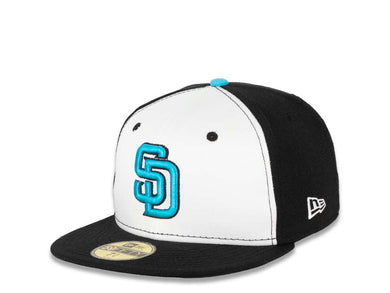 San Diego Padres New Era MLB 59FIFTY 5950 Fitted Cap Hat White/Black Crown Black Visor Light Blue/Black Logo