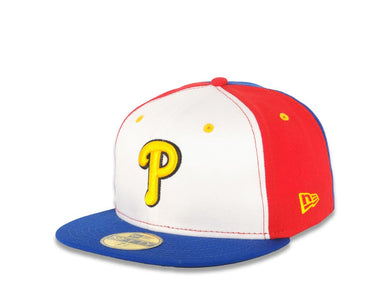 Philadelphia Phillies New Era MLB 59FIFTY 5950 Fitted Cap Hat White/Red Crown Royal Blue Visor Yellow/Black Logo (Phillipines Flag Color)