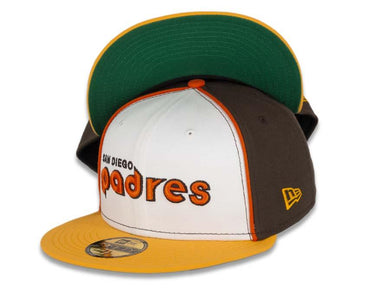 San Diego Padres New Era MLB 59Fifty 5950 Fitted Cap Hat White/Brown Crown Gold Visor Brown/Oragen Text Logo Green UV