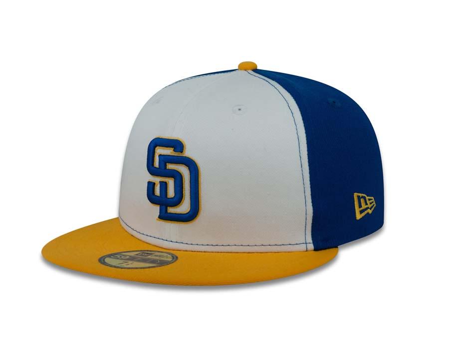 San Diego Padres New Era MLB 59FIFTY 5950 Fitted Cap Hat White/Royal Blue Crown Yellow Visor Royal Blue/Yellow Logo 