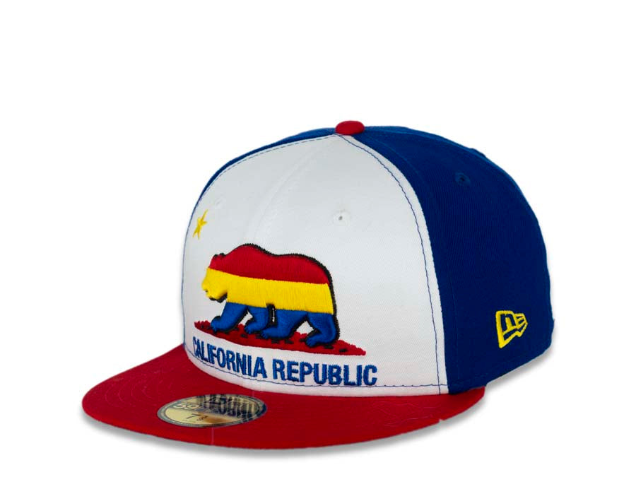 California Republic New Era 59FIFTY 5950 Fitted Cap Hat White/Royal Blue Crown Red Visor Red/Gold/Royal Blue Logo 