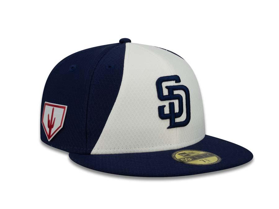 San Diego Padres New Era MLB 59FIFTY 5950 Fitted Cap Hat White/Light Navy Crown Light Navy Visor Light Navy Logo Training Camp 2019