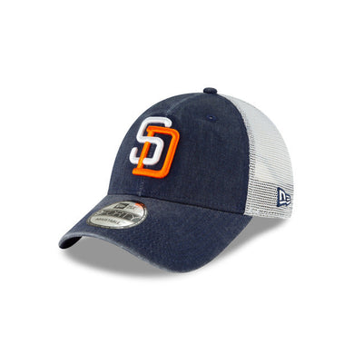 San Diego Padres New Era MLB 9FORTY 940 Adjustable Trucker Mesh Cap Hat Navy Denim/White Crown Whtie/Orange Logo