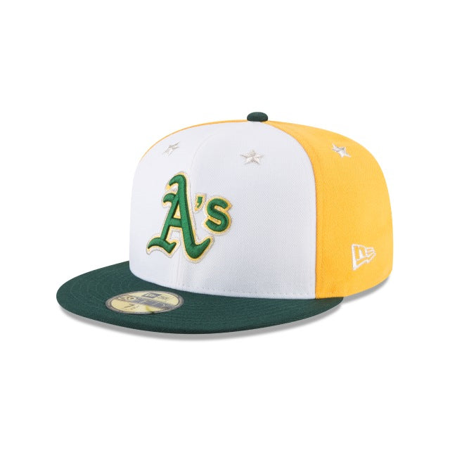 Oakland Athletics New Era MLB 59FIFTY 5950 Fitted Cap Hat White/Yellow Crown Dark Green Visor Dark Green/Yellow Logo with All-Star Game Side Patch