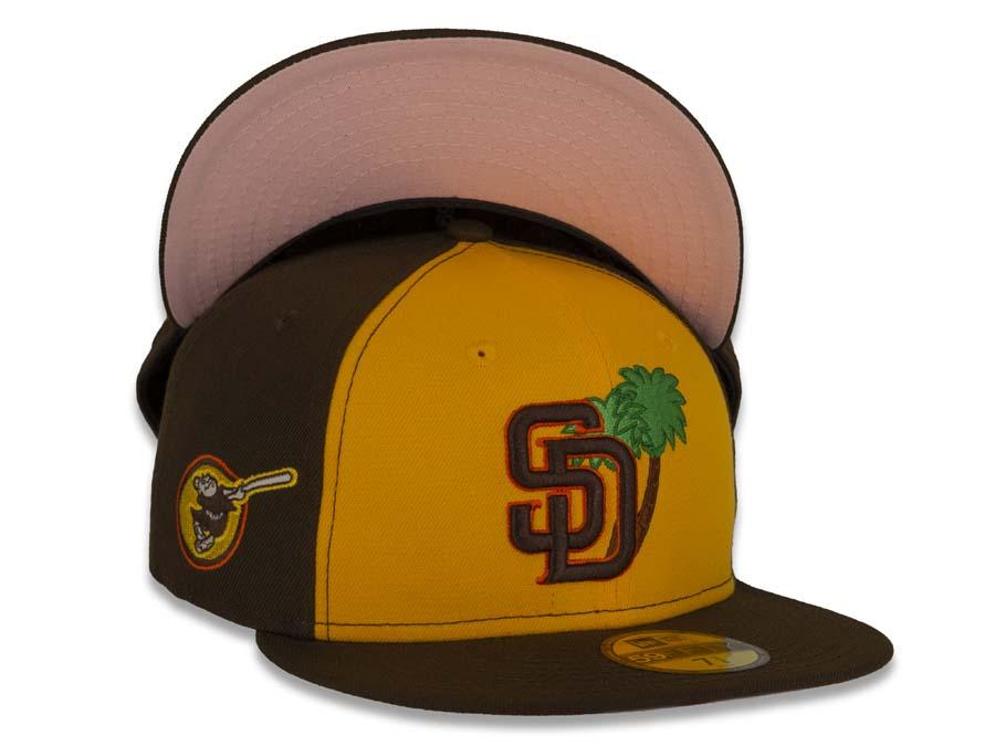New Era MLB 59Fifty 5950 Fitted San Diego Padres Cap Hat Yellow/Brown Crown Brown/Orange Logo with Palm Tree Friar Side Path Pink UV