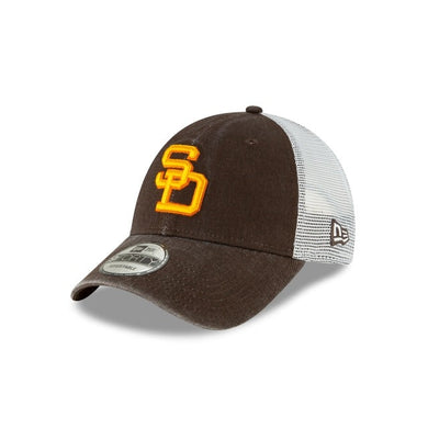 San Diego Padres New Era MLB 9FORTY 940 Mesh Trucker Adjustable Cap Hat Dark Brown/White Crown Dark Brown Visor Yellow/Orange Retro Logo