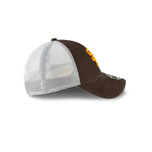 Load image into Gallery viewer, San Diego Padres New Era MLB 9FORTY 940 Mesh Trucker Adjustable Cap Hat Dark Brown/White Crown Dark Brown Visor Yellow/Orange Retro Logo
