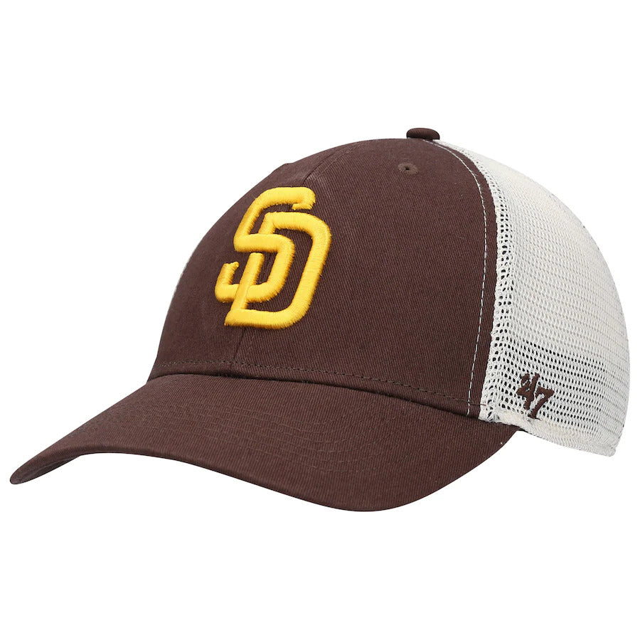 San Diego Padres '47 Brand MLB Clean Up Mesh Trucker Adjustable Cap Hat Brown/White Crown Brown Visor Yellow Logo 
