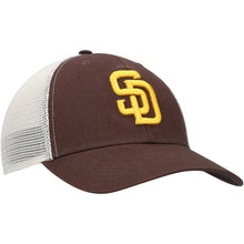Load image into Gallery viewer, San Diego Padres &#39;47 Brand MLB Clean Up Mesh Trucker Adjustable Cap Hat Brown/White Crown Brown Visor Yellow Logo 
