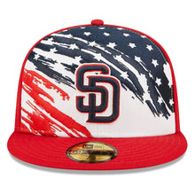Load image into Gallery viewer, San Diego Padres New Era MLB 59FIFTY 5950 Fitted Cap Hat White/Red Crown Red Visor Navy/Red Logo (2022 4th of July)
