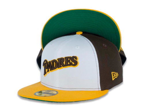 San Diego Padres New Era MLB 59FIFTY 5950 Fitted Cap Hat White/Brown Crown Yellow Visor Brown/Yellow Script Logo Green UV 