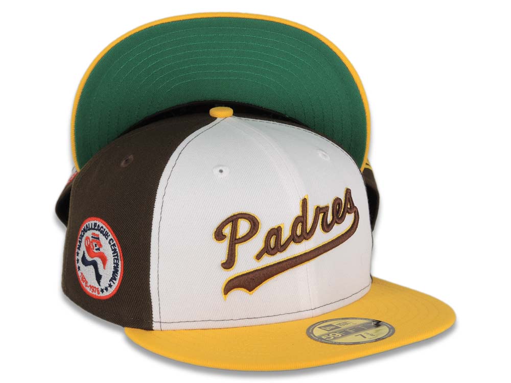 San Diego Padres New Era MLB 59FIFTY 5950 Fitted Cap Hat White/Brown Crown Yellow Visor Brown/Yellow script Logo Centennial Side Patch Green UV