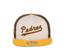 Load image into Gallery viewer, San Diego Padres New Era MLB 59FIFTY 5950 Fitted Cap Hat White/Brown Crown Yellow Visor Brown/Yellow script Logo Centennial Side Patch Green UV
