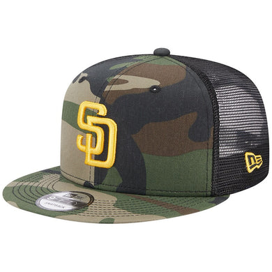 San Diego Padres New Era MLB 9FIFTY 950 Trucker Mesh Snapback Cap Hat Camo/Black Crown Camo Visor Yellow Logo