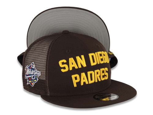 San Diego Padres New Era MLB 9FIFTY 950 Snapback Trucker Mesh Cap Hat Brown Crown/Visor Yellow Text Script Logo 2021 World Series Side Patch Gray UV