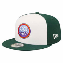 Load image into Gallery viewer, (City Connect) Colorado Rockies New Era MLB 9FIFTY 950 Snapback Cap Hat White/Dark Green Crown Dark Green Visor Purple/Sky Blue/Orange Logo
