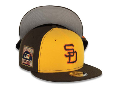 San Diego Padres New Era MLB 9FIFTY 950 Snapback Cap Hat Yellow/Brown Crown Brown Visor Brown/Orange Logo Cooperstown Side Patch Gray UV