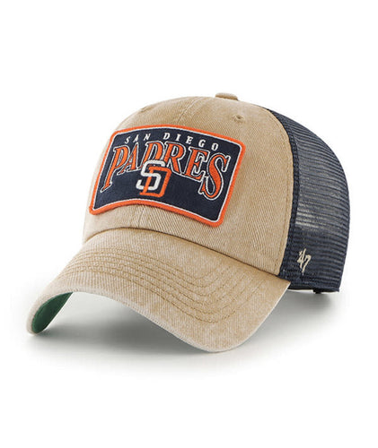 San Diego Padres '47 MLB Clean Up Adjustable Snapback Mesh Trucker Cap Hat Khaki/Navy Crown Khaki Visor Cooperstown Team Color Logo