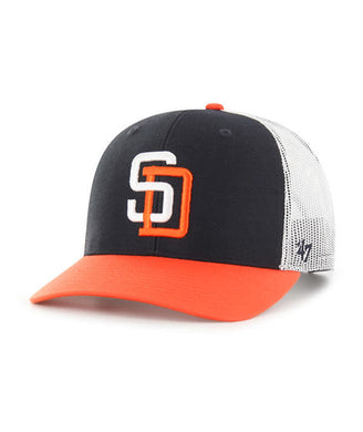 San Diego Padres '47 MLB Snapback Trucker Mesh Cap Hat Navy/White Crown Orange Visor White/Orange Logo Padres Side Note Patch