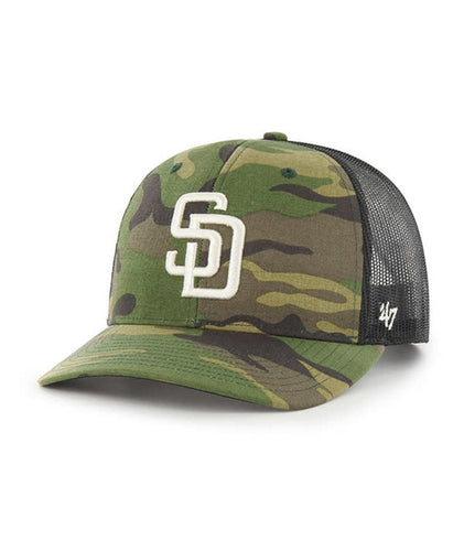San Diego Padres '47 MLB Snapback Trucker Mesh Cap Hat Camo/Black Crown Camo Visor White Logo